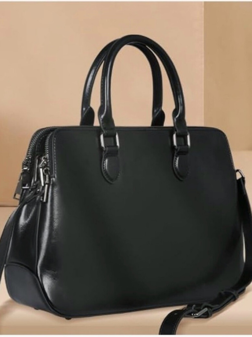 HESHE Black Leather Top Handle Shoulder Crossbody Bag Multi Zip